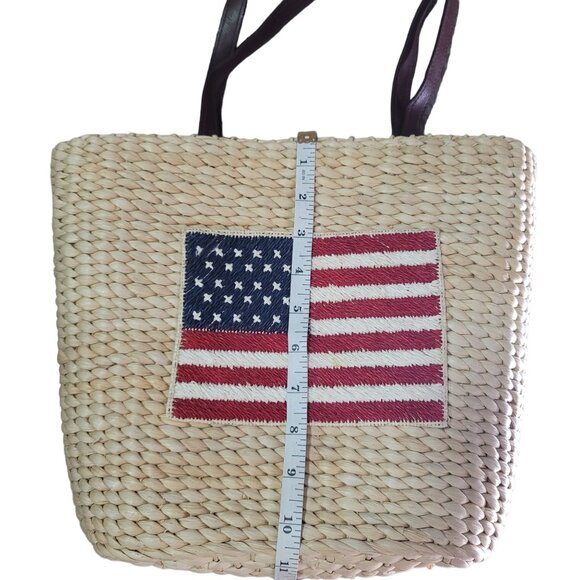 Handwoven Straw Tote Bag With American Flag embroidered Patch & Leather Straps - Picture 6 of 8